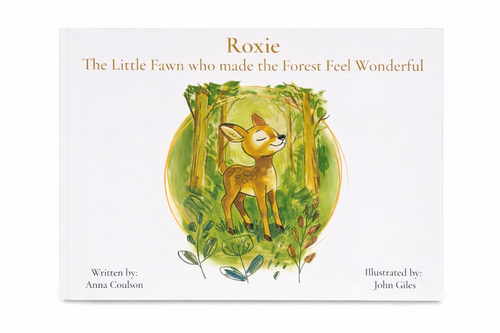 Book cover of 'Roxie, The Little Fawn who made the Forest Feel Wonderful' with a illustration of a deer in a forest.