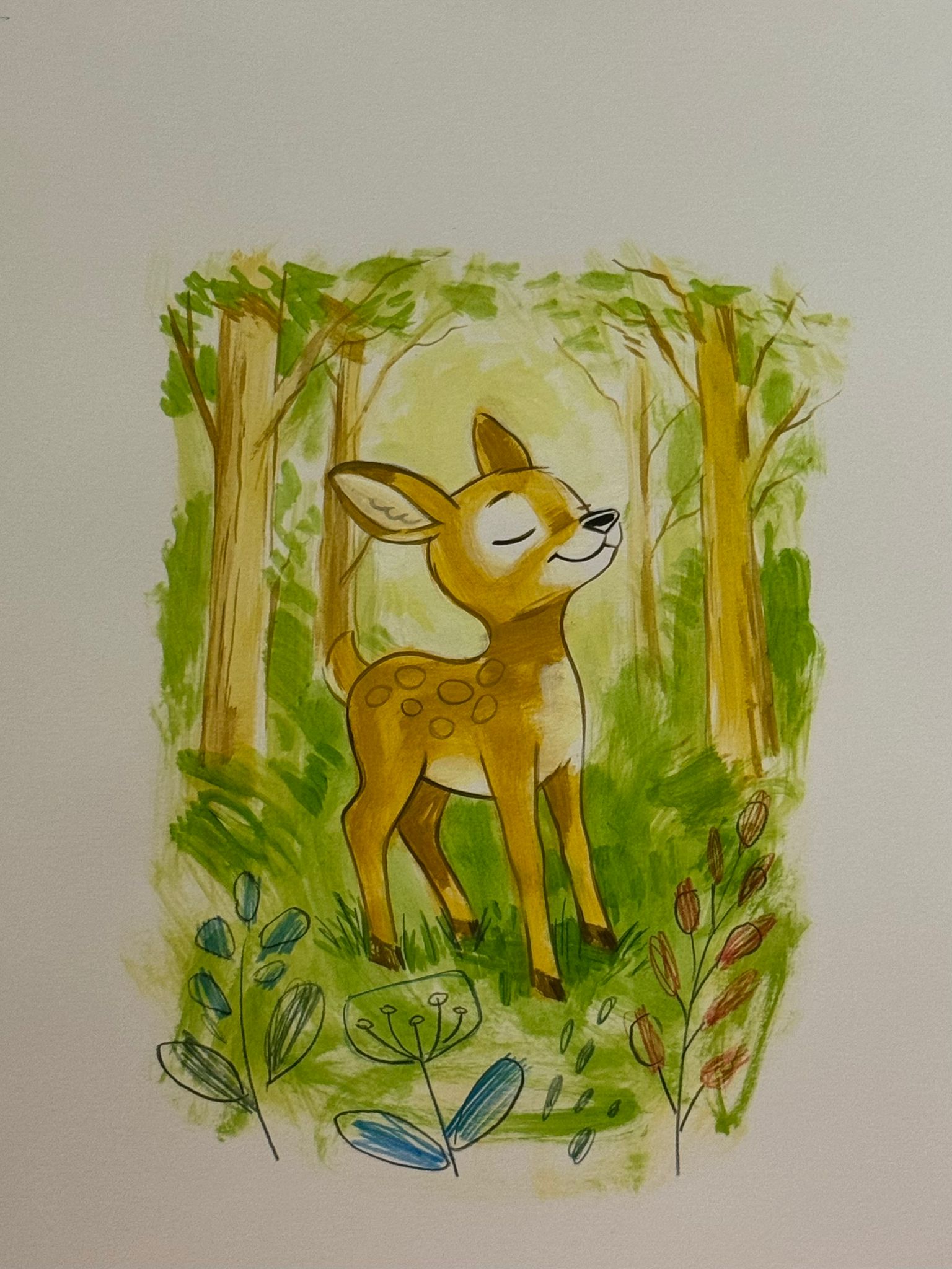 Illustration of a deer in a forest with greenery and trees.