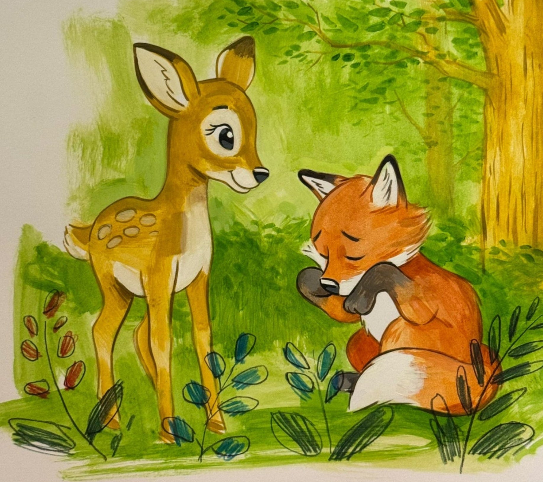 Illustration of a deer and a fox in a forest setting